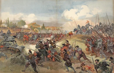 Ceresolen taistelu, kuvitus George G. Toudouzen teoksesta "François Ier: Le Roi Chevalier", julkaistu 1909
